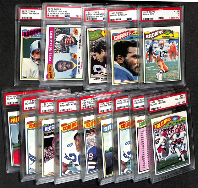 Lot of (14) 1977 PSA Graded Topps Football Cards w. Brian Sipe PSA 5 & Harry Carson PSA 5